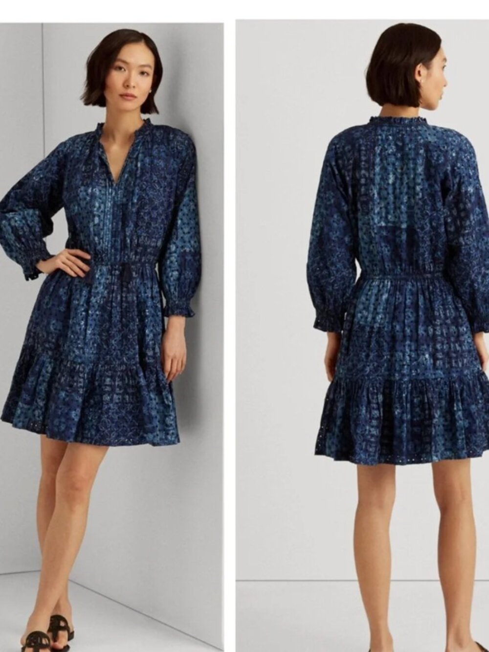 Lauren Ralph Lauren Women's Geo-Print Eyelet Cotton Dress Size 10 NEW Blue *B90